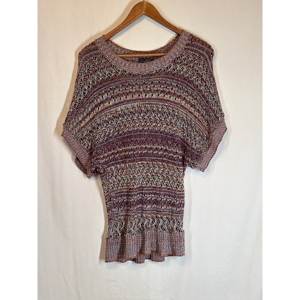 QUESTIONS Open Knit Tunic Top Multicolor M Cowl Sleeve Y2K Boho Hippie Festival